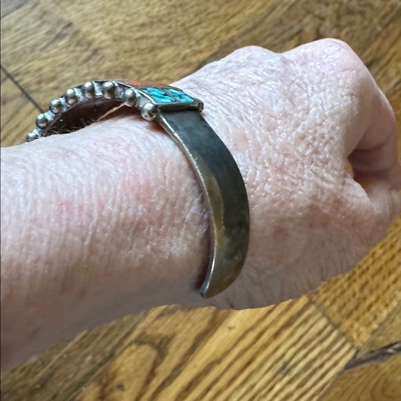 Navajo Zuni Handmade Turquoise Coral Stones Mosaic Bracelet. Vintage - Picture 9 of 9